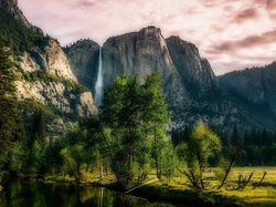 Stan Kalifornia, Wodospad Yosemite, Drzewa, Park Narodowy Yosemite, Stany Zjednoczone, Góry Sierra Nevada
