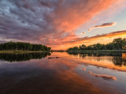Chatfield Lake, Kolorado, Park stanowy, Drzewa, Zachód słońca, Chatfield State Park, Stany Zjednoczone, Jezioro