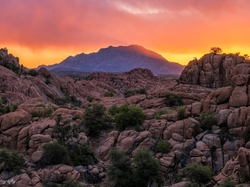 Skały, Arizona, Stany Zjednoczone, Granite Dells, Zachód słońca, Góry, Prescott, Granitowe