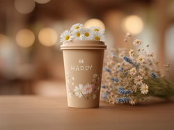 Bukiet, Kubek, Kwiaty, Stokrotki, Kawa, Grafika AI