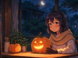 Krzesła, Dynie, Noc, Halloween, Anime, Księżyc, Dziewczynka, Stół