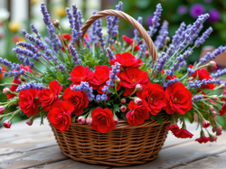 Ogród, Kwiaty, Koszyk, Stolik, Lawenda, Grafika AI