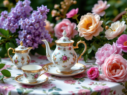 Kwiatowy, Talerzyki, Obrus, Filiżanka, AI, Kwiaty, Dzbanek, Stolik