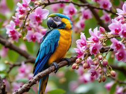 Niebiesko-żółta, Kwiaty, Storczyki, Papuga, Gałązki, Ara