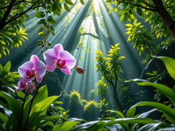 Storczyki, Kwiaty, Przebijające światło, Drzewa, Las, Grafika AI, Rośliny, Fioletowe