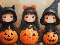 Dynie, Halloween, Dziewczynki, Stroje, Trzy, Liście