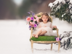 Sukienka, Świerk, Śnieg, Fotel, Dziewczynka, Kwiaty