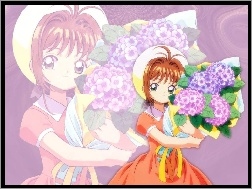 dziewczyna, suknia, czapka, bukiet, Cardcaptor Sakura, kwiaty