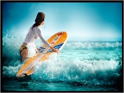 Surfing, Morze, Kobieta, Fale