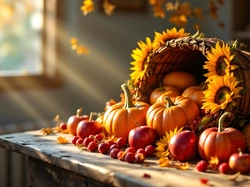 Grafika AI, Okno, Kosz, Dynie, Jabłka, Słoneczniki, Światło