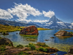Szczyt, Głazy, Roślinność, Matterhorn, Alpy, Jezioro