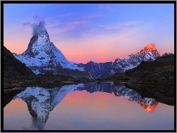 Szwajcaria, Zachód Słońca, Góry, Jezioro, Matterhorn