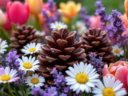 Grafika AI, Tulipany, Lawenda, Kwiaty, Kolorowe, Stokrotki, Szyszki