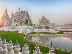 Tajlandia, Biała Świątynia, Prowincja Chiang Rai, Wat Rong Khun, Buddyjska, Wschód Słońca, Staw