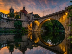 Amarante, Portugalia, Most, Klasztor, Kościół, Ponte Sao Goncalo, Rzeka Tamega, Światła, Odbicie