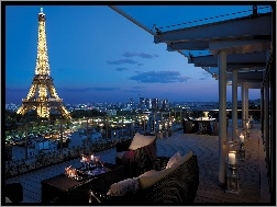 Francja, Taras, Paryż, Panorama, Wieża Eiffla, Hotelowy, Miasta