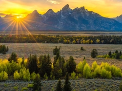 Góry, Stany Zjednoczone, Park Narodowy Grand Teton, Promienie słońca, Wyoming, Drzewa