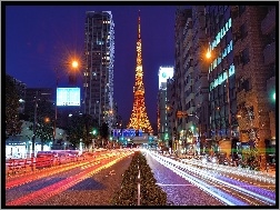 Noc, Tokio, Ulica, Wieża, Tower, Japonia, Drapacze Chmur