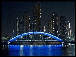 Tokyo, Podświetlany, Rzeka, Wieżowce, Most