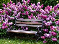 Ławka, Różowe, Kwiaty, Trawa