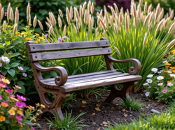 Grafika AI, Wysokie, Kwiaty, Ogród, Ławka, Kwitnące, Trawy