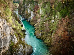 Triglavski Park Narodowy, Rzeka Socza, Skały, Drzewa, Wąwóz, Słowenia