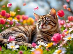 Kot, Bury, Kwiaty, Tulipany