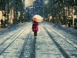 Kamienice, Ulica, Śnieg, Parasol, Kobieta, Zima, Padający