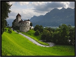 Vaduz, Droga, Drzewa, Liechtenstein, Zamek, Góry