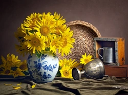 Puchar, Żółte, Słoneczniki, Wazon, Kwiaty, Kompozycja