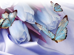 Wektorowa, Niebieskie motyle, Tulipany, 3D