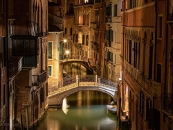 Noc, Wenecja, Światło, Domy, Kanał, Włochy, Most