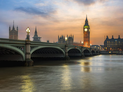 Londyn, Big Ben, Zachód Słońca, Rzeka Tamiza, Anglia, Most Westminsterski