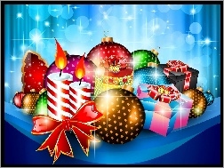 Świąteczna, Boże Narodzenie, Grafika 2D, Świece, Kompozycja, Bombki