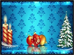 Bombki, Boże Narodzenie, Grafika 2D, Choinka, Świeczki, Święta