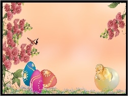 Wielkanoc, Jajka, Kurczaczek, Kwiaty