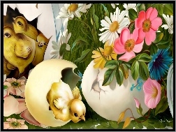 Kwiaty, Wielkanoc, Kurczaki