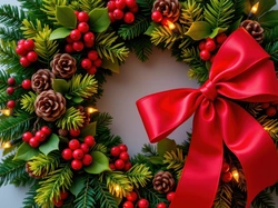 Wieniec, Światełka, Ozdoba, Kokarda, Grafika AI, Boże Narodzenie, Szyszki, Jagody