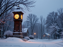 Drzewa, Zima, Latarnie, Wieża, Park, Zegar