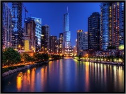 Wieżowce, Noc, Chicago, Rzeka
