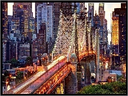 Wieżowce, Oświetlony, USA, Nowy Jork, Most