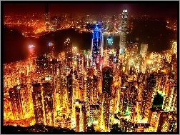 Wieżowce, Noc, Hong Kong, Światła