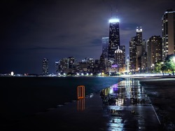 Noc, Wieżowce, Chicago, Stany Zjednoczone, Jezioro Michigan