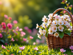 Koszyk, Białe, Kwiaty, Wiklinowy, Różowe, Trawa