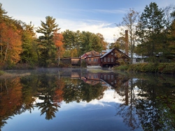 Domy, Stan New Hampshire, Wilton, Młyn Fryes Measure Mill, Odbicie, Staw, Stany Zjednoczone, Drzewa