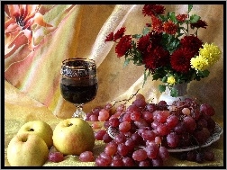 Wino, Winogrona, Chryzantem, Bukiet, Jabłka
