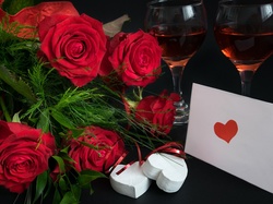 Wino, Róże, Miłosne, Walentynki, Kwiaty
