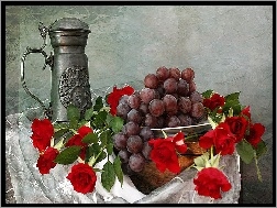 Winogrona, Kwiaty, Kufel, Róże