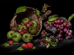 Owoce, Miseczka, Jabłka, Zielone, Szyszki, Czarne, Tło, Truskawki, Koszyk, Winogrona