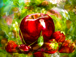 Wiśnie, Jabłko, Owoce, Grafika, Truskawki
